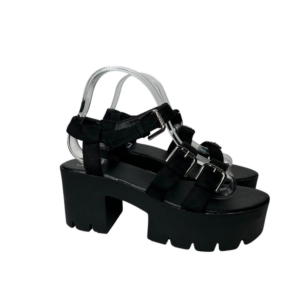 New Faux Suede Leather Chunky Black Platform Sandals 9 Block Heel